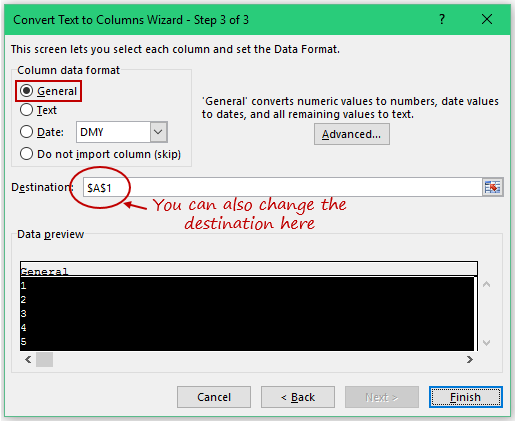 Convert Text to Numbers in Excel - text to column step3